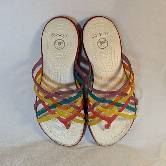 CROCS Rainbow Strappy Sandals Flip Flops Women's W 5 Multicolor Huarache - Picture 1 of 7